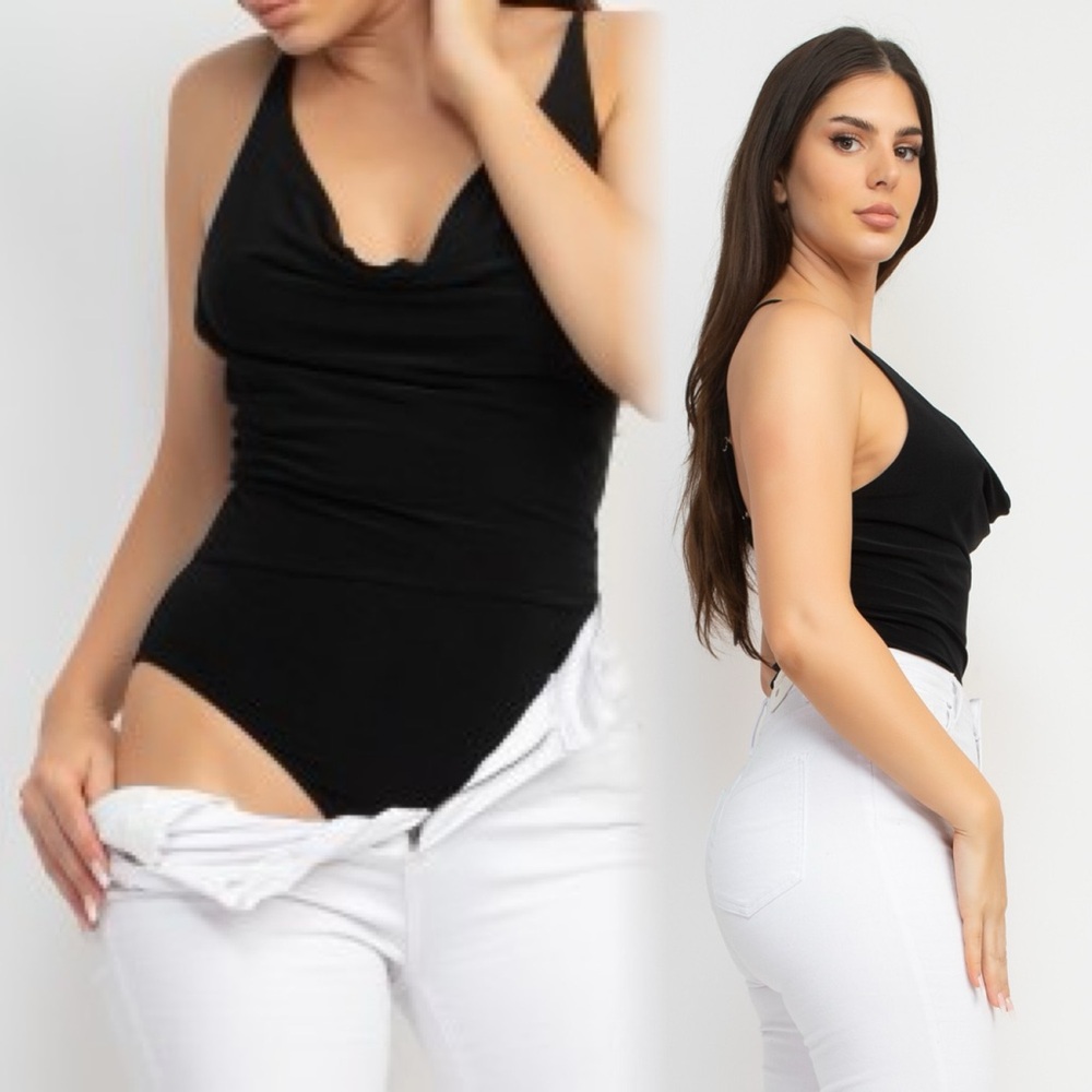 Black draped silky polyester bodysuit classy chic - Picture 4 of 9